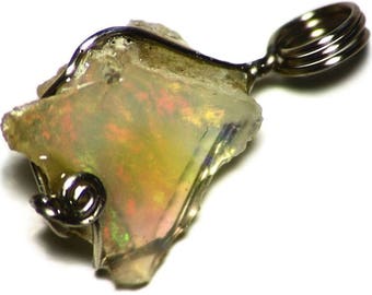 Opal Pendant Necklace in 14k White Gold (6.5 ct) Ethiopian Welo Opal Necklace, Raw Opal Jewelry, White Opal Rough, Wire Wrap Opal Pendant