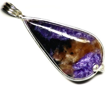 Multicolor Charoite Pendant in Sterling Silver, Orange and Purple Charoite Teardrop Necklace For Her, Russian Charoite Jewelry, Scenic Stone