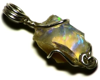 Rainbow Opal Pendant Necklace (4.5 Ct.) Ethiopian Welo Opal Necklace Silver, Raw Opal Jewelry, Wire Wrap Yellow Opal Rough, Small Opal Charm