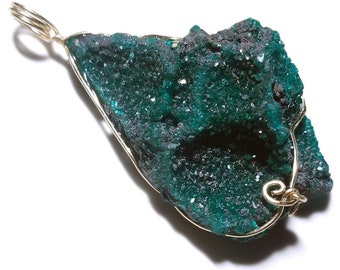 Huge Dioptase Pendant in Gold, Green Raw Dioptase Crystal Cluster Necklace, Natural Dioptase Plate Jewelry 14k Yellow Gold Wire Wrap, Large