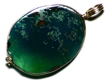 Gem Silica Pendant in 14k Gold (23 ct) Rich Green Gem Silica with Dendritic Patterning from Peru, Natural Gem Jewelry, Real Stone Necklace