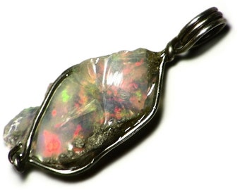 Rainbow Opal Pendant Necklace (6 ct) Ethiopian Welo Opal Necklace Silver, Raw Opal Jewelry, Wire Wrap White Opal Rough, Small Birthstone Gem