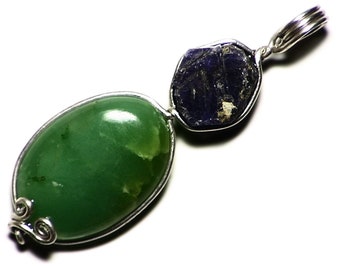 Sapphire Crystal and Chrysoprase Pendant in Sterling Silver, Blue Sapphire and Green Prase Cabochon Necklace, Handmade Multi Gem Wire Wrap