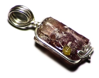 Pink Tourmaline Crystal Pendant (4 ct) Purple Crystal in Sterling Silver, Little Yellow Crystal Necklace, Gift For Her in Silver Wire Wrap