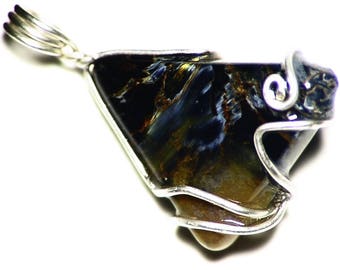 Dark Pietersite Necklace, Gold and Blue Pietersite Pendant, Triangle Pietersite in Sterling Silver, Pietersite Pear Jewelry, Shiny Polished