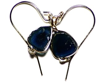 Blue Tourmaline Crystal Earrings (3.5 tctw) 14k Yellow Gold Earrings, Watermelon Tourmaline Pair, Blue and Black Bicolor Tourmaline Slices