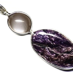 Purple Charoite and Moonstone Pendant in Sterling Silver, Russian Gemstone Jewelry, Genuine Purple Silky Gemstone, Real Silver Handmade