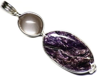 Purple Charoite and Moonstone Pendant in Sterling Silver, Russian Gemstone Jewelry, Genuine Purple Silky Gemstone, Real Silver Handmade