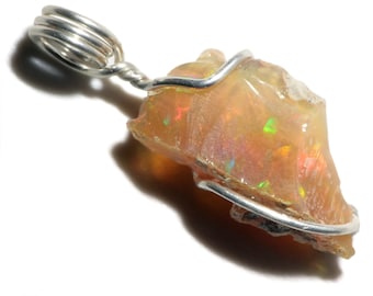 Fire Opal Necklace in Sterling Silver (6.1 ct) Multicolor Opal Jewelry Raw Ethiopian Opal Real Orange Opal Gift Wire Wrap Opal Birthstone