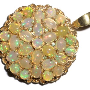 Vintage Opal and Tsavorite Pendant in Sterling Silver, 31 Opals and 6 Green Garnets Stunning Estate Circle Cluster Jewelry hallmarked STS