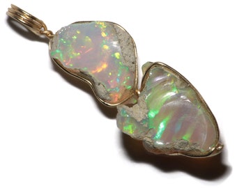 Double Opal Necklace in 14k Gold (15 Tctw) Multi Opal Pendant Rough Opals Jewelry Raw Opal Pendant Natural Opal Birthstones For Mom Two Gem