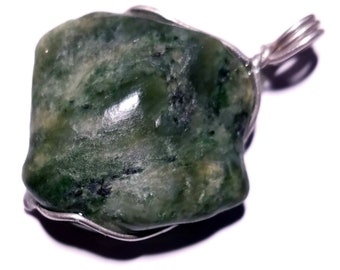 Canadian Jade Pendant in Sterling Silver, Green Jade Necklace, British Columbia Jade Jewelry, Bicolor Green Nephrite in Silver Wire Wrap