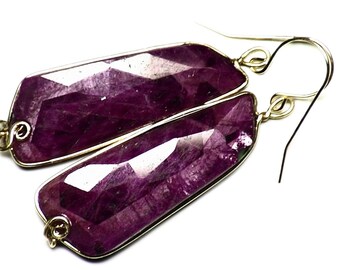 Ruby Crystal Earrings in 14k Yellow Gold (44 ct) Real Ruby in Gold, Facet Top Crystal Slice, Matched Pair, Untreated Rubies in Gold Wire