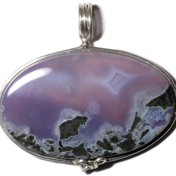 Purple Moss Agate Necklace in Sterling Silver, Rare Indonesian Gem Natural Garden Agate Cabochon Chalcedony Pendant Jewelry Indonesia Stone