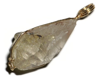 Big (30 ct) Rutilated Quartz Crystal Pendant in 14k Yellow Gold Wire Wrap