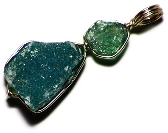 Druzy Gem Silica and Emerald Crystal Pendant in 14k Gold (12 ct) Paraiba Blue Gem Silica with Ethopian Emerald Crystal, Blue and Green