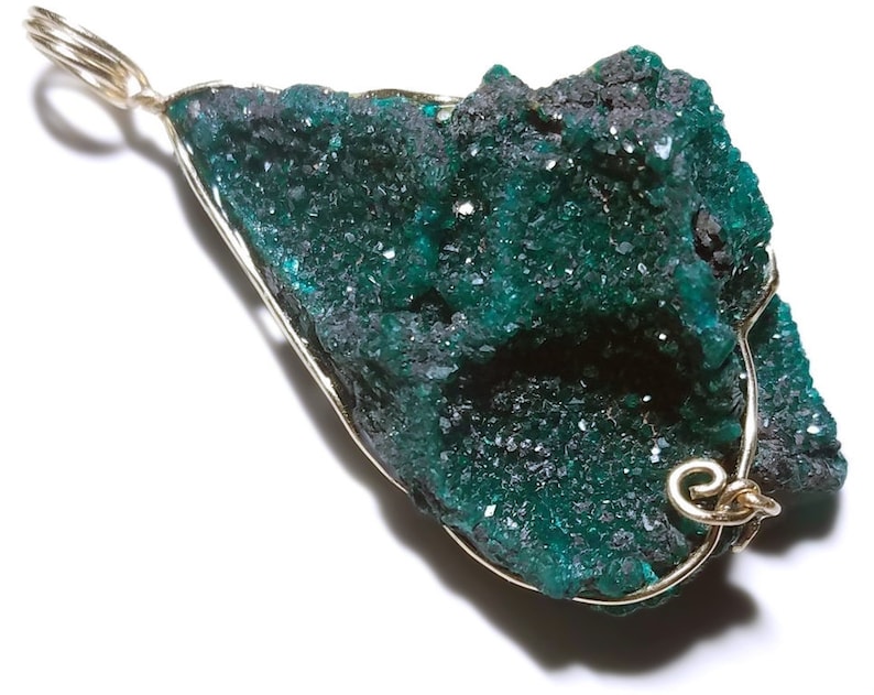 Huge Dioptase Pendant in Gold, Green Raw Dioptase Crystal Cluster Necklace, Natural Dioptase Plate Jewelry 14k Yellow Gold Wire Wrap, Large image 1