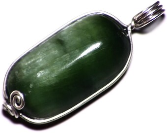 Cats Eye Jade Pendant (35 ct) Green Actinolite Cabochon Pendant, Chrome Tremolite Jewelry, Oval Jade Cab Necklace Sterling Silver Wire Wrap