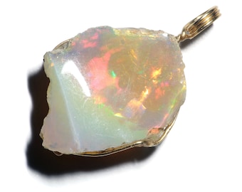 Raw Opal Necklace One of a Kind Ethiopian Opal Pendant (24 ct) Rainbow Opal Jewelry Gold, Real Natural Opal Engagement Gift Unique Real Opal