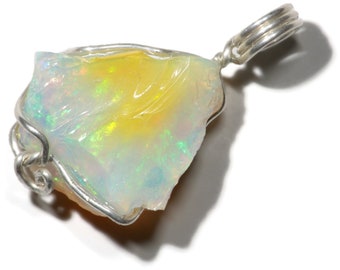 Bicolor Crystal Opal Pendant (10 ct), Clear and Yellow Ethiopian Opal, Opal Necklace Silver, Rough Crystal Pendant Raw Opal Anniversary Gift