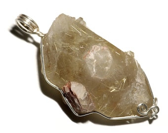 Large Quartz Pendant, Rutilated Quartz Crystal Jewelry, Big Quartz Necklace (101 ct) Raw Quartz Point in Sterling Silver, Big Quartz Gem