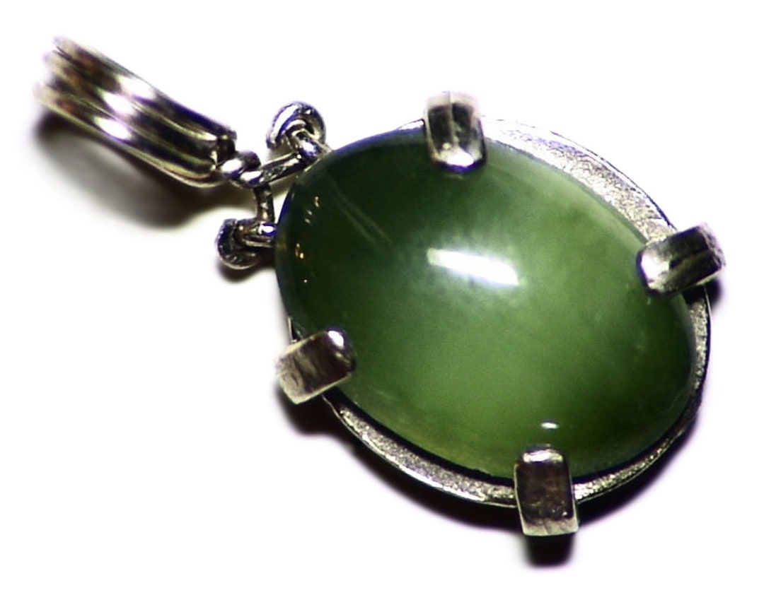 Cats Eye Jade Pendant 4 Ct 14k White Gold Wire Wrapped Green Etsy
