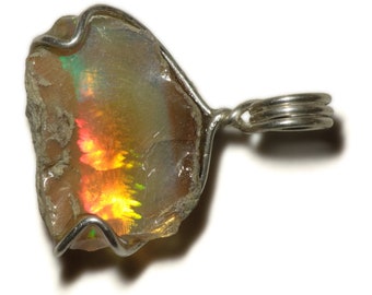 Ethiopian Opal Pendant (9 ct) Raw Opal Necklace Silver, Rough Crystal Jewelry, Horizontal Opal Landscape, Real Opal Stone Necklace for Gift