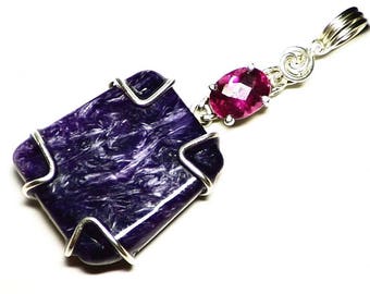 Rubellite Tourmaline and Charoite Pendant in Sterling Silver, Wire Wrapped Purple Charoite Cabochon Jewelry, Pink and Ruby Red Tourmaline