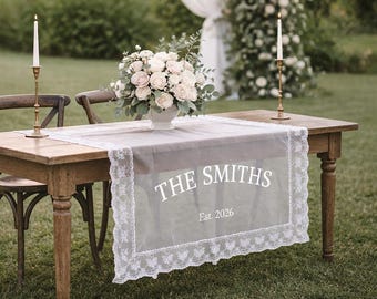 Camino de mesa personalizado con ribete de encaje transparente, decoración para la mesa de los novios en bodas, letrero personalizado