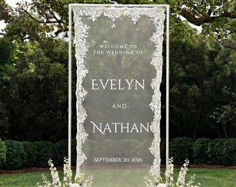 Sheer Lace Wedding Welcome Sign on Veil: Clear Tulle, Fabric Ceremony Reception Signage Banner