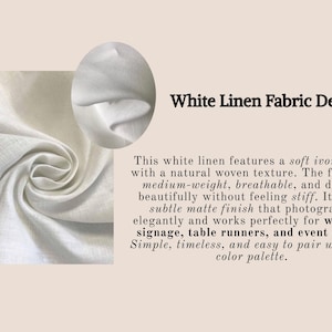 Puede incluir: Tela de lino blanco con una textura tejida natural y un tono marfil suave. La imagen incluye un recuadro circular que muestra los pliegues de la tela y el texto: White Linen Fabric Detail. Este lino blanco presenta un tono marfil suave con una textura tejida natural. La tela es de peso medio, transpirable y tiene una ca&iacute;da hermosa sin sentirse r&iacute;gida. Tiene un acabado mate sutil que se fotograf&iacute;a elegantemente y funciona para letreros de boda, caminos de mesa y decoraci&oacute;n de eventos.