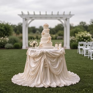Puede incluir: Un pastel de bodas blanco de cinco niveles decorado con detalles florales color crema, exhibido sobre una mesa redonda cubierta con un mantel de satén color crema drapeado hasta el suelo, junto a un pequeño arreglo floral y dos velas.