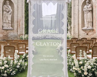 Romantic Lace Welcome Sign: Clear Sheer Tulle Wedding Signage, Fabric Ceremony Reception Signage Banner