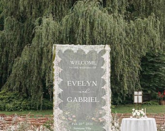 Custom Sheer Tulle Wedding Welcome Sign, Lace Trim Banner