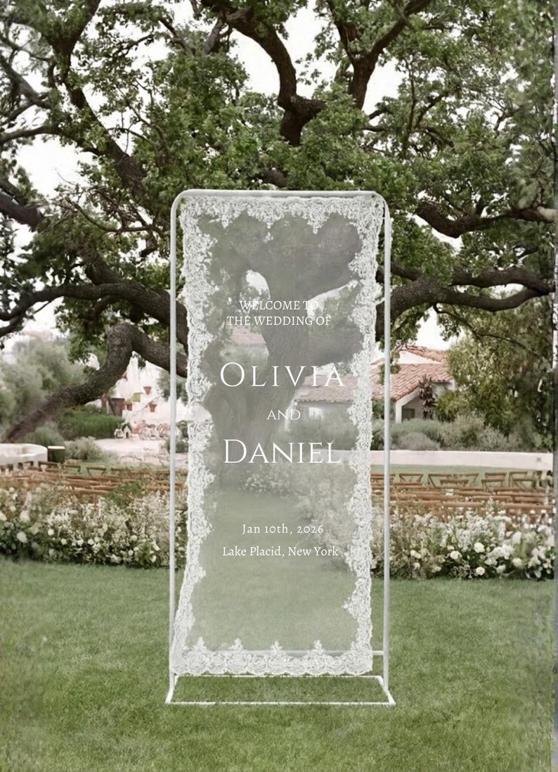Romantic Lace Welcome Sign: Clear Sheer Tulle Wedding Signage, Fabric ...