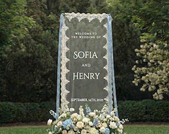 Romantic Lace Welcome Sign: Clear Sheer Tulle Wedding Signage, Fabric Ceremony Reception Signage Banner