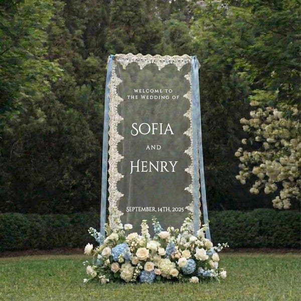 Romantic Lace Welcome Sign: Clear Sheer Tulle Wedding Signage, Fabric Ceremony Reception Signage Banner