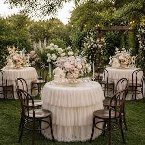 Puede incluir: Escena de recepción de boda al aire libre con mesas redondas cubiertas con tela crema en capas. Cada mesa está adornada con arreglos florales, pasteles y velas. Sillas de madera oscura rodean las mesas, sobre un césped verde.