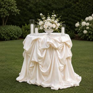 May include: A round table draped with ivory fabric, adorned with a floral arrangement in a white vase and three glass candle holders with white candles. The table is set on a green lawn, creating an elegant outdoor setting.