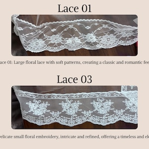 Puede incluir: Dos tiras de encaje blanco etiquetadas como Lace 01 y Lace 03. El encaje 01 presenta un patr&oacute;n floral grande con un borde festoneado. El encaje 03 muestra un delicado bordado floral peque&ntilde;o con detalles intrincados y un borde festoneado.