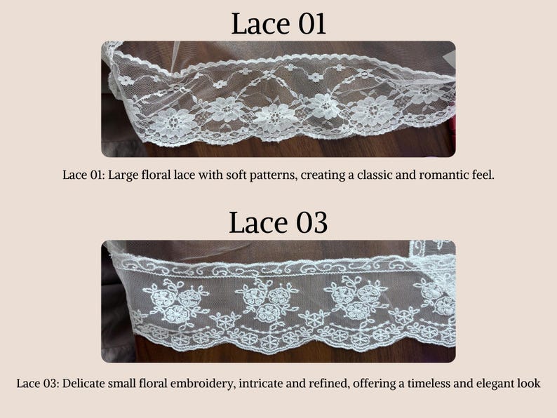 Puede incluir: Dos tiras de encaje blanco etiquetadas como Lace 01 y Lace 03. El encaje 01 presenta un patr&oacute;n floral grande con un borde festoneado. El encaje 03 muestra un delicado bordado floral peque&ntilde;o con detalles intrincados y un borde festoneado.