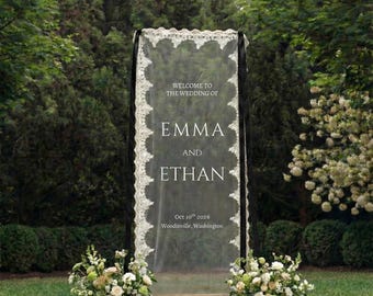 Romantic Lace Welcome Sign: Clear Sheer Tulle Wedding Signage, Fabric Ceremony Reception Signage Banner