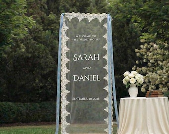 Romantic Lace Wedding Welcome Sign, Personalized Sheer Tulle Banner