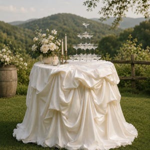 May include: A round table draped in a floor-length, cream-colored satin tablecloth with gathered folds. On top sits a tiered glass champagne tower, a floral arrangement of white roses in a vase, and two tall, thin candles in gold holders.