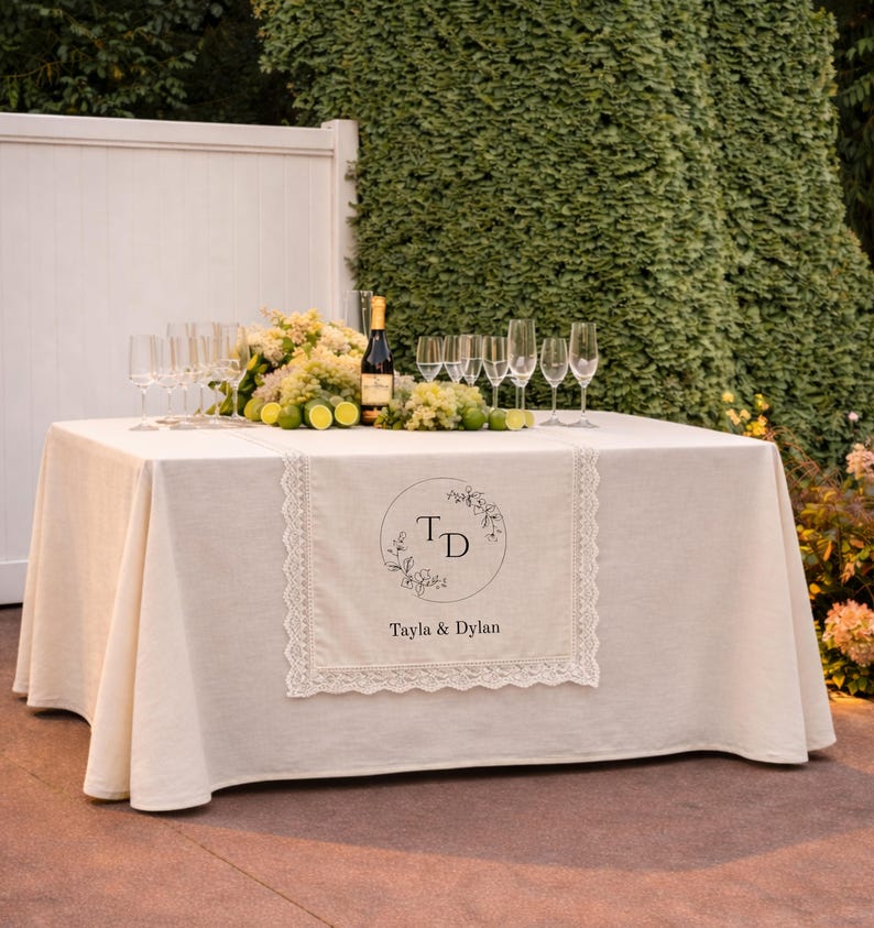 Puede incluir: Un mantel rectangular de color crema con un camino de mesa central con borde de encaje. El camino muestra un dise&ntilde;o floral circular con las iniciales TD y el texto Tayla & Dylan. Una botella de vino, copas y limas verdes sobre la mesa.