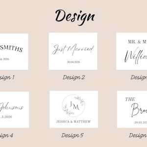 Puede incluir: Una colecci&oacute;n de seis plantillas de dise&ntilde;o gr&aacute;fico en blanco y negro etiquetadas del Dise&ntilde;o 1 al Dise&ntilde;o 6. Cada plantilla presenta texto personalizable que incluye nombres como The Smiths, Just Married, Williams, Johnsons, Jessica & Matthew y Browns.