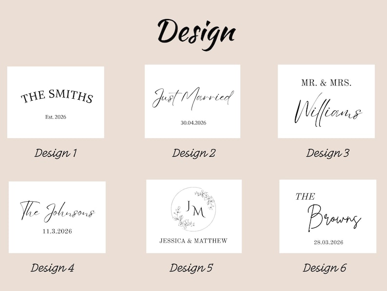 Puede incluir: Una colecci&oacute;n de seis plantillas de dise&ntilde;o gr&aacute;fico en blanco y negro etiquetadas del Dise&ntilde;o 1 al Dise&ntilde;o 6. Cada plantilla presenta texto personalizable que incluye nombres como The Smiths, Just Married, Williams, Johnsons, Jessica & Matthew y Browns.