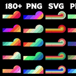 May include: A set of 180+ retro-style graphic design elements in various colours, including red, orange, yellow, green, blue, and purple. The elements are in the shape of stripes, curves, and lines. The elements are available in PNG, SVG, and PDF formats.