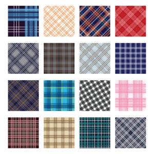 May include: Sixteen square fabric swatches showcasing various plaid patterns. The designs feature a range of colors, including blue, orange, red, gray, brown, and pink. The patterns vary in size and style, offering a diverse selection of textile designs.