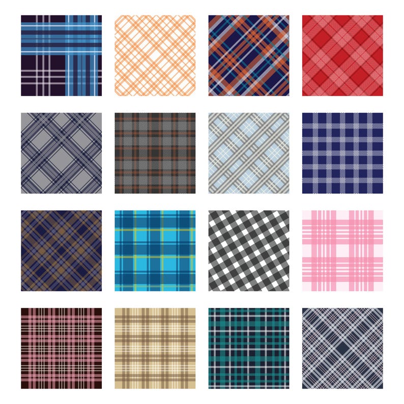 May include: Sixteen square fabric swatches showcasing various plaid patterns. The designs feature a range of colors, including blue, orange, red, gray, brown, and pink. The patterns vary in size and style, offering a diverse selection of textile designs.